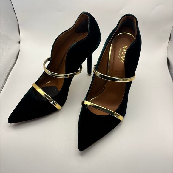 Malone Souliers Green Velvet Heels Gold Bands Pointed Toe Stiletttos 38.5 8-8.5 - Picture 3 of 7